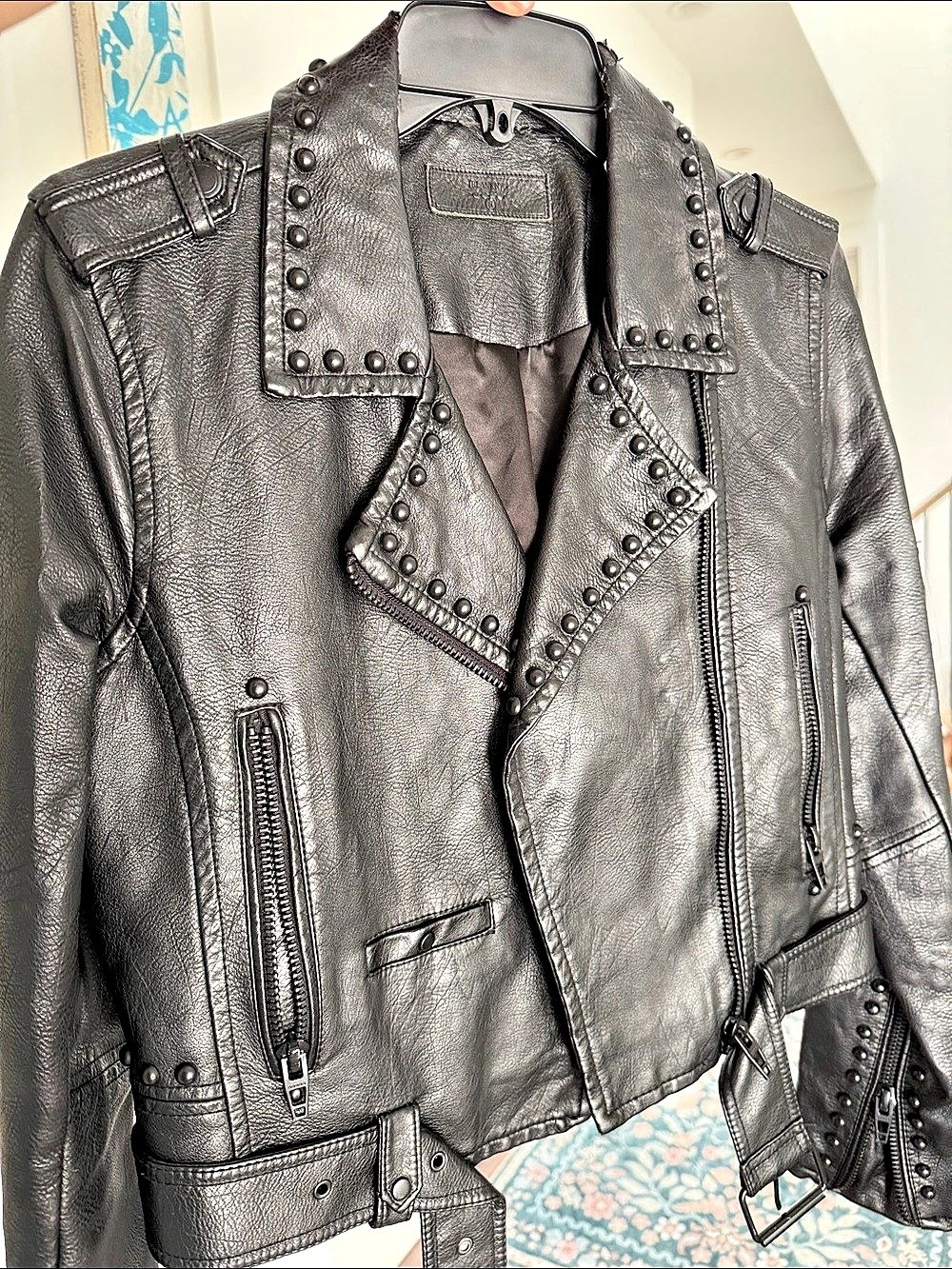 Blank NYC Studded Distressed Leather Moto Jacket in Black SMALL